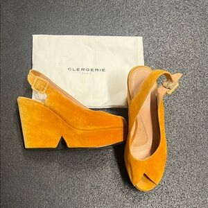 Robert Clergerie Yellow Suede Platform Slingback Wedges
